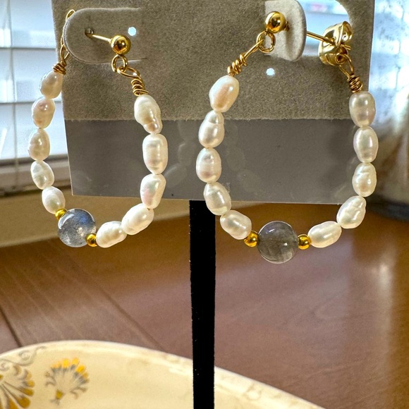 SALE!!! Rice Pearl Hoop Earrings with Bead or Crystal Accent - Picture 7 of 12